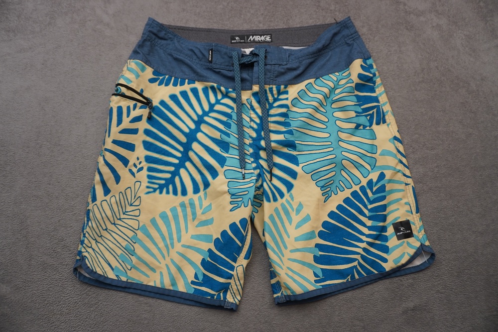 Rip Curl Mirage Board Shorts Mens 33 Blue Yellow Tropical Leaf Swim Trunks Zip - Picture 1 of 13